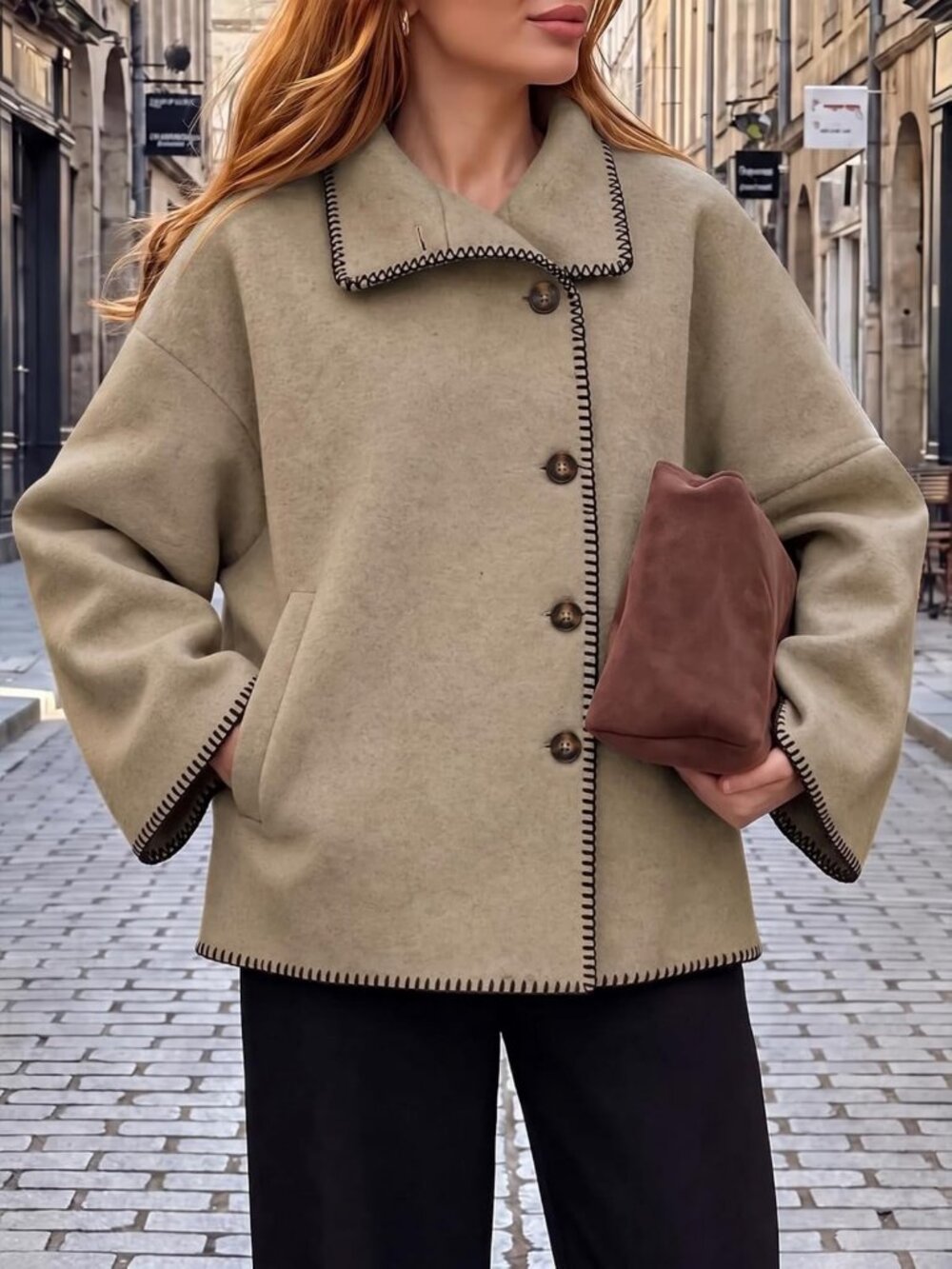 Cropped Oversized Wool Peacoat with Stand Collar for Women - Winter Fashion - Picture 3 of 6